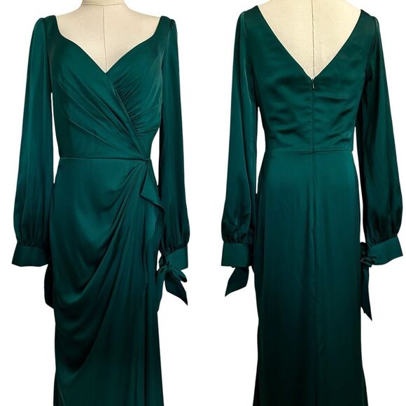 LaDivine Wrap-Effect Emerald Satin Gown 10 Formal Wedding Christmas Gala Glam - Picture 5 of 16
